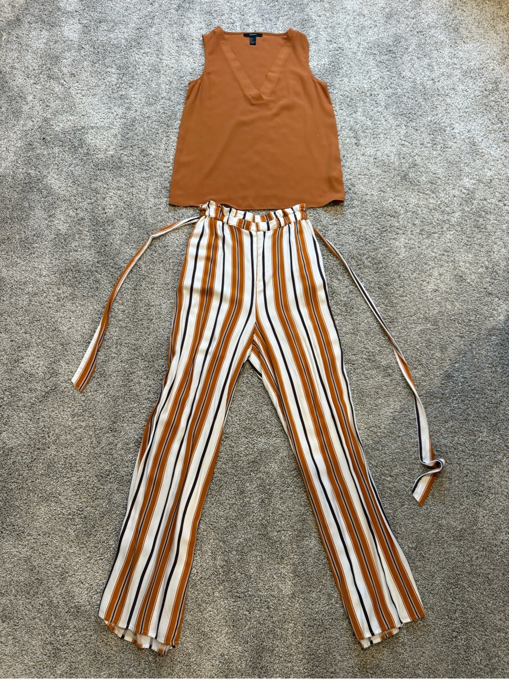 MATCHING OUTFITSleeveless V-Neck Tank & Striped Paperbag Waist Pants Set - Rust